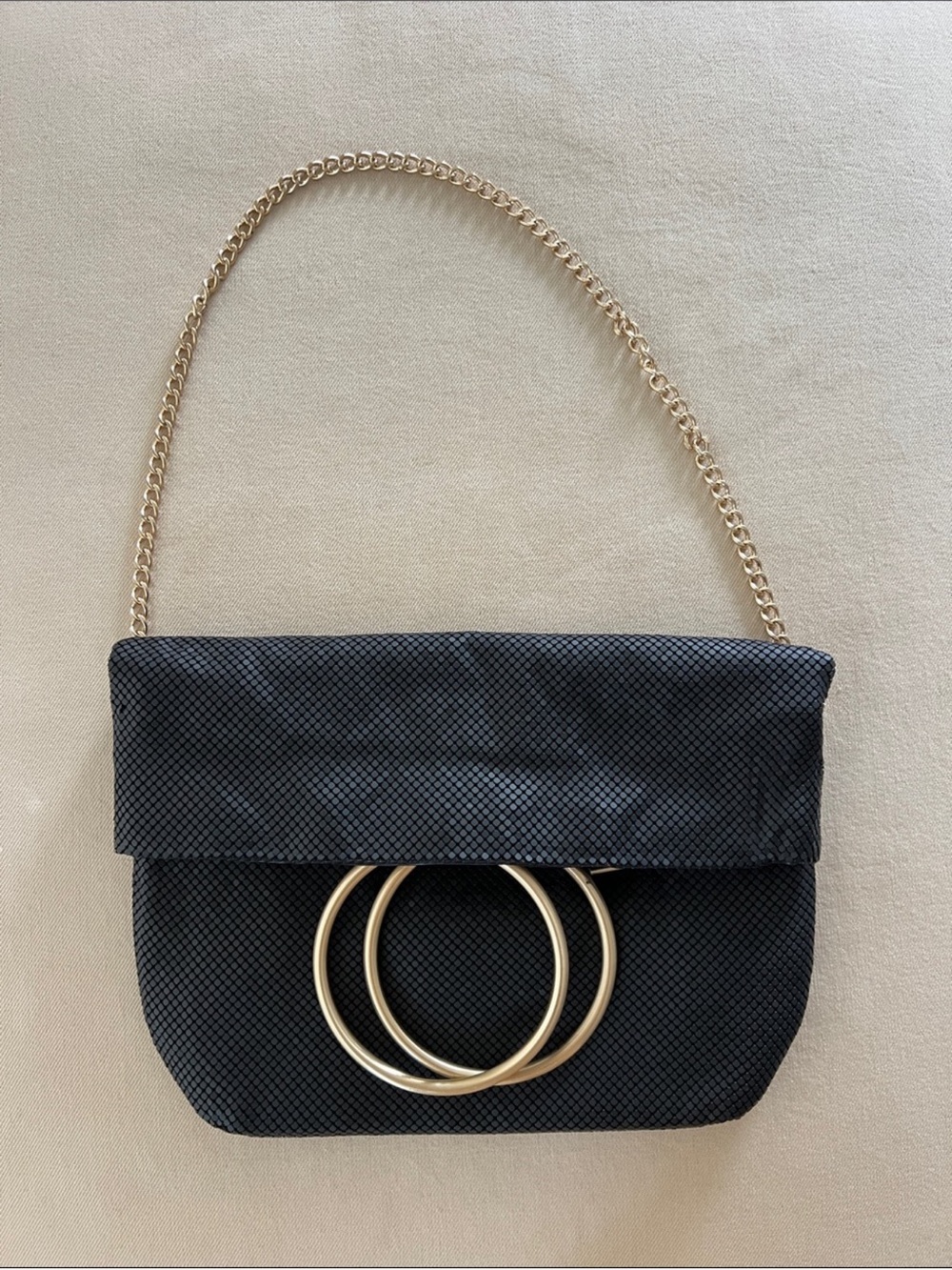 Whiting & Davis Black Shoulder Bag with Gold Rings